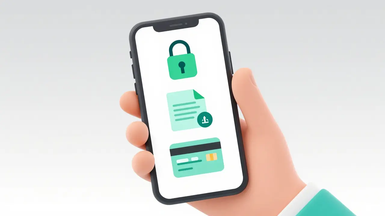 Hand holding phone showing secure online payment icons