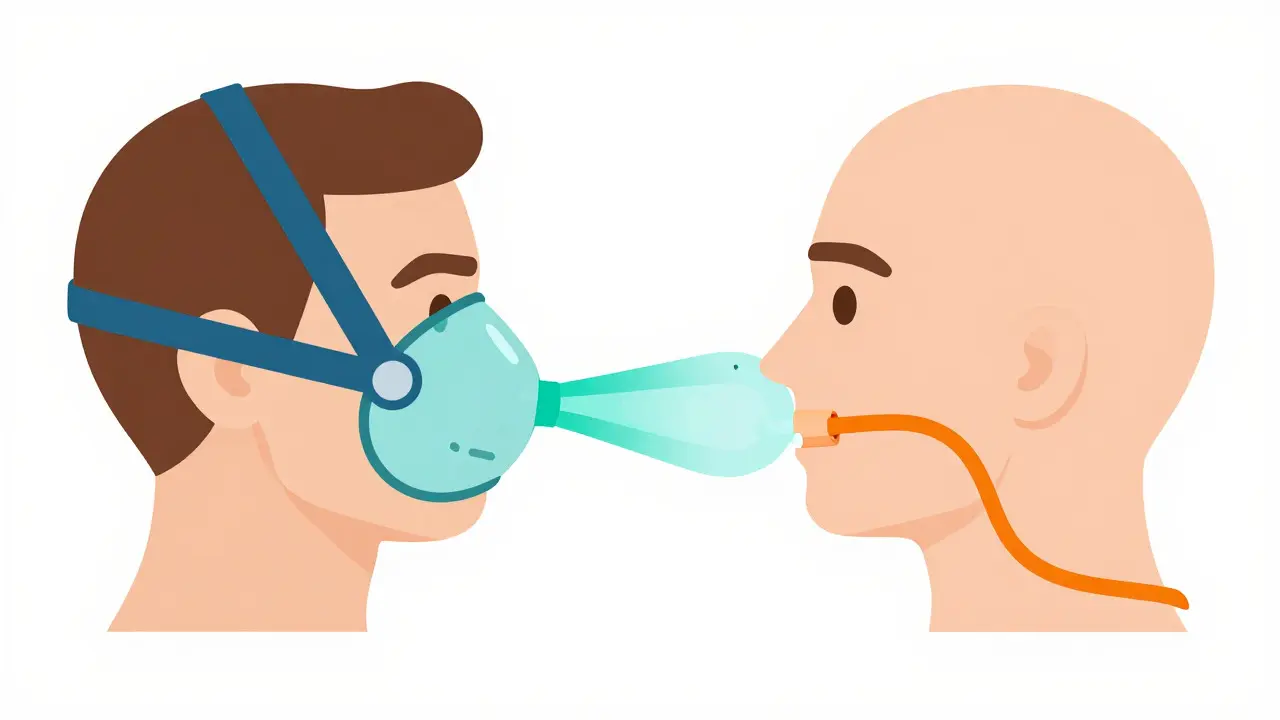 Illustration comparing CPAP opening airways vs oxygen failing in OSA