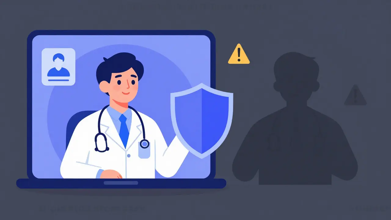 Illustration comparing safe telehealth consultation with risky online pharmacies