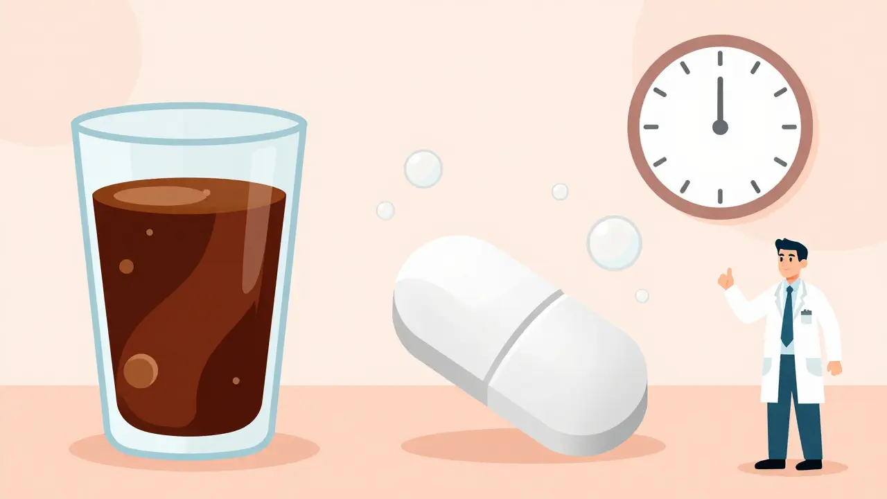 Illustration of a patient using cola to help dissolve an antifungal tablet for better absorption.