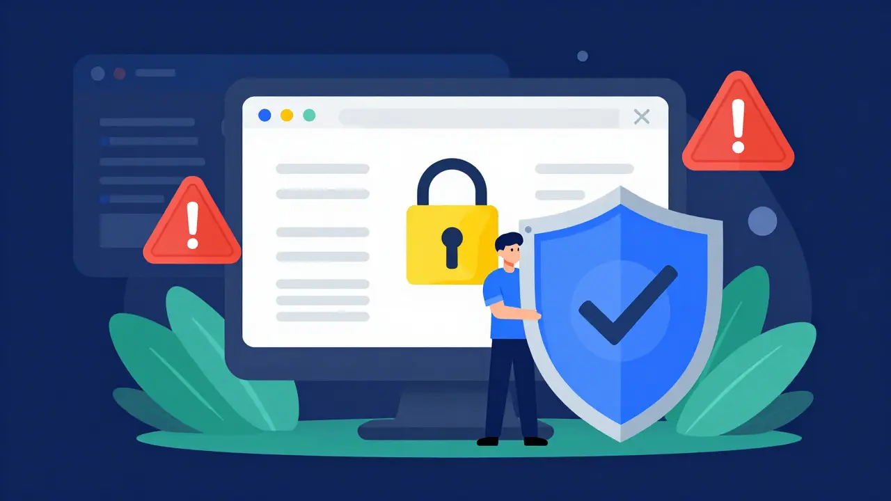 Illustration of a user verifying online pharmacy safety with a shield and security icons