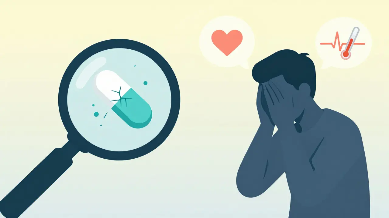 Illustration showing a magnified pill with internal flaws and a concerned patient