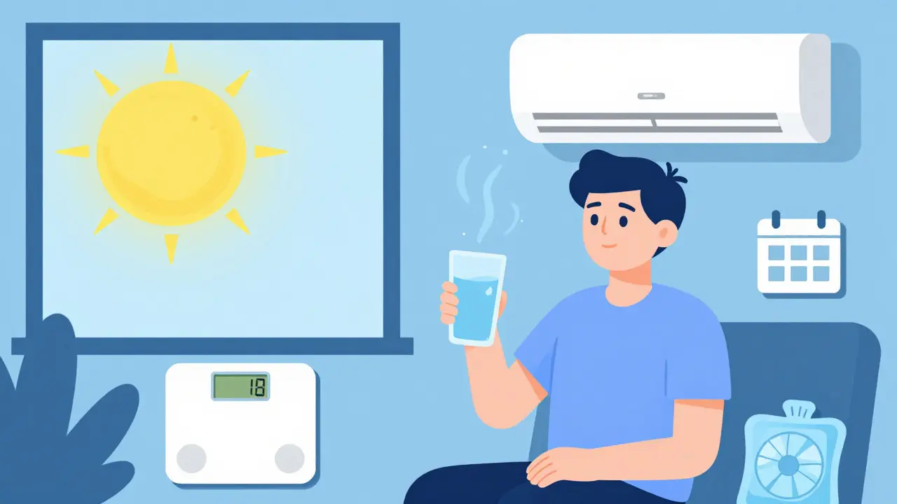 Person drinking water and resting indoors to avoid heat stroke