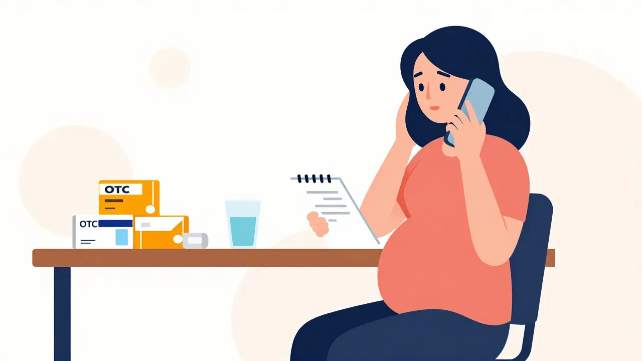 Pregnant woman calling a doctor while reviewing medication options