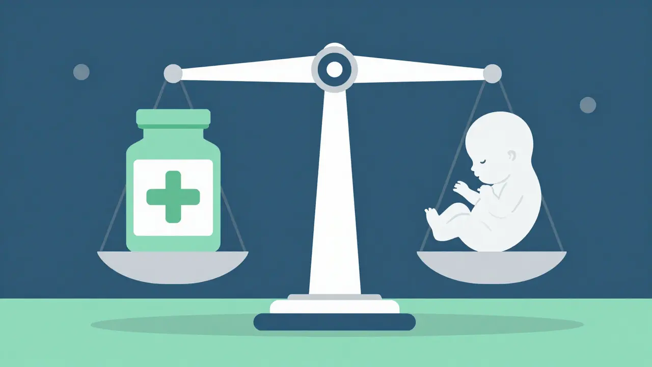 Scale balancing a pill bottle and fetal icon illustrating risk assessment