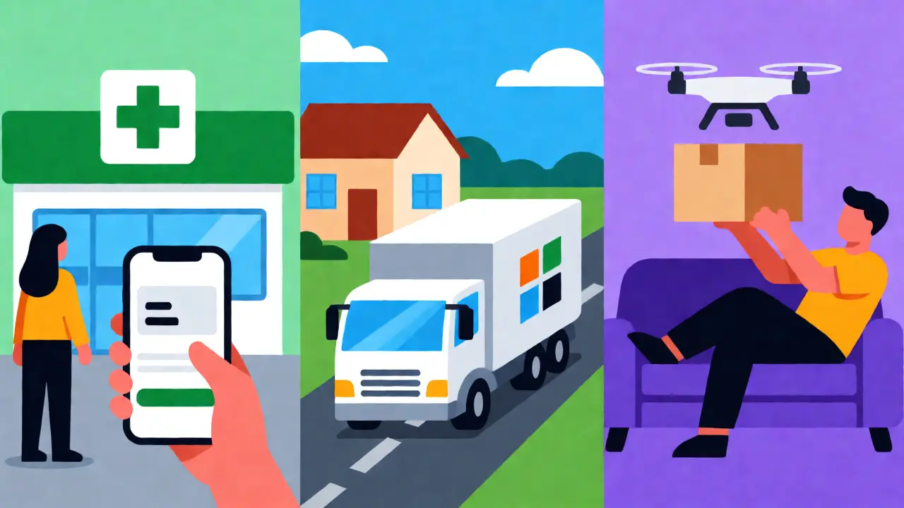 Three panels showing online pharmacy options