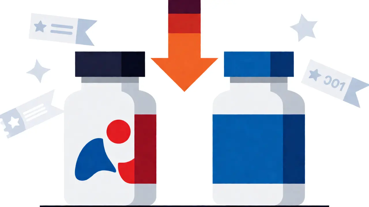 Comparison of branded and generic medicine bottles with price reduction graphic in flat style