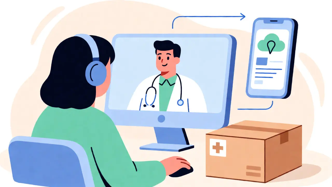 Flat design illustration of a patient receiving a telehealth consultation and prescription.