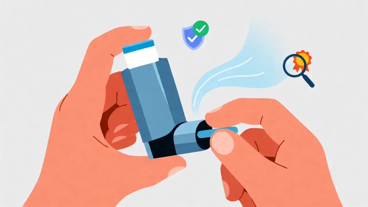 Instructional cartoon depicting correct technique for using a dry powder inhaler.