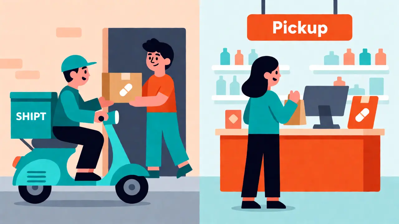 Split screen illustration of package delivery and pharmacy pickup options in flat design